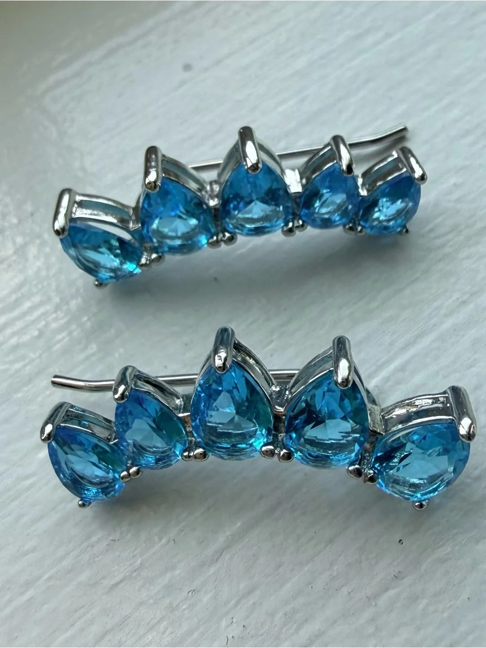 NEW!! 14k White Gold Plated Blue Teardrop Crystal Ear Climbers/Crawlers